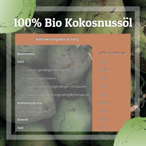 Bio Kokosöl (1000ml) - Nährwertangaben